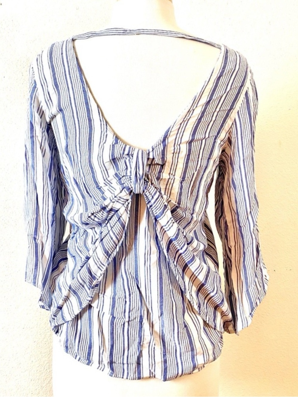 Drew Anthropologie Blue Striped Bow Twist Back Top Blouse